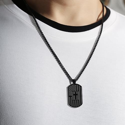 Duodiner American Dog Tag Necklace Bible Verse Pendant, Men Boys Stainless Steel Cross Patriotic Flag Jewelry Gift 24 Inches Chain