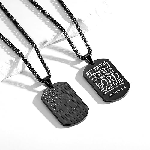 Duodiner American Dog Tag Necklace Bible Verse Pendant, Men Boys Stainless Steel Cross Patriotic Flag Jewelry Gift 24 Inches Chain