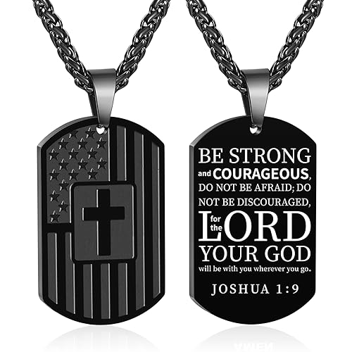 Duodiner American Dog Tag Necklace Bible Verse Pendant, Men Boys Stainless Steel Cross Patriotic Flag Jewelry Gift 24 Inches Chain