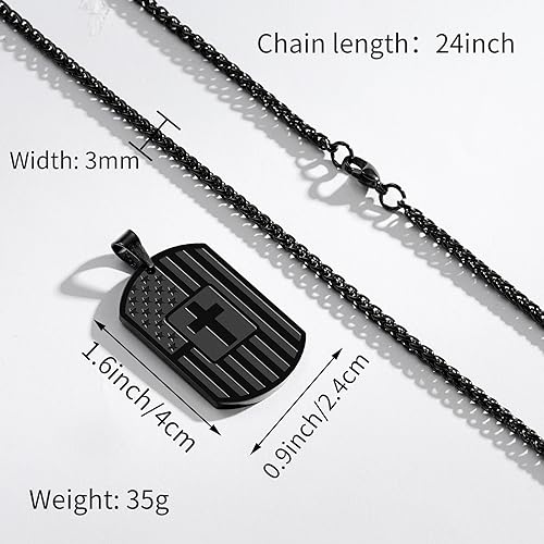 Duodiner American Dog Tag Necklace Bible Verse Pendant, Men Boys Stainless Steel Cross Patriotic Flag Jewelry Gift 24 Inches Chain