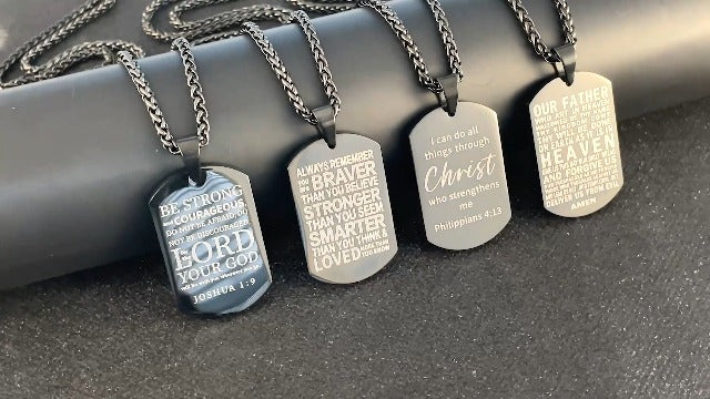 Duodiner American Dog Tag Necklace Bible Verse Pendant, Men Boys Stainless Steel Cross Patriotic Flag Jewelry Gift 24 Inches Chain