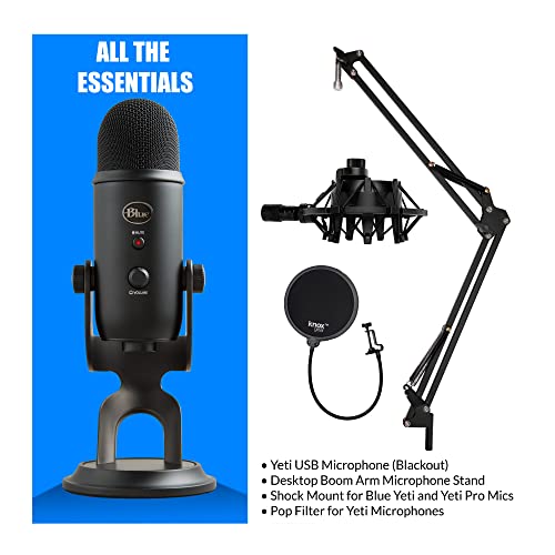 Blue Yeti Microphone (Blackout) with Knox Boom Arm Stand, Pop Filter and Shock Mount Bundle, USB