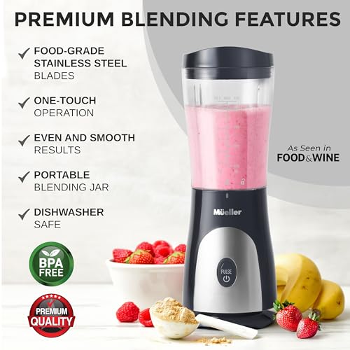 Mueller Personal Blender for Shakes and Smoothies with 15 Oz Travel Cup and Lid, Juices, Baby Food, Heavy-Duty Portable Blender & Food Processor, Grey