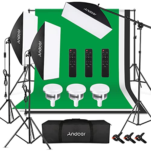 Andoer Softbox Lighting Kit Photography with 3 85W 2800K-5700K Bi-Color Temperature Light 3 Softbox 3 Light Stand 1 Boom Arm 1 Remote Control 3 Backdrops 3 Backdrop Clamp 3 Backdrop Stand Carry Bag