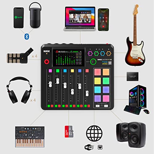 Rode RODECaster Pro II Audio Production Studio Bundle with 4x Zoom ZDM-1 Podcast Mic Packs, StreamEye Adjustable Boom Arms, 32GB microSD Card and StreamEye Polishing Cloth