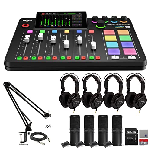 Rode RODECaster Pro II Audio Production Studio Bundle with 4x Zoom ZDM-1 Podcast Mic Packs, StreamEye Adjustable Boom Arms, 32GB microSD Card and StreamEye Polishing Cloth