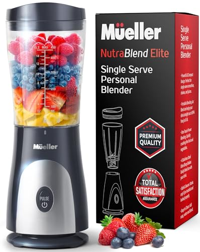 Mueller Personal Blender for Shakes and Smoothies with 15 Oz Travel Cup and Lid, Juices, Baby Food, Heavy-Duty Portable Blender & Food Processor, Grey